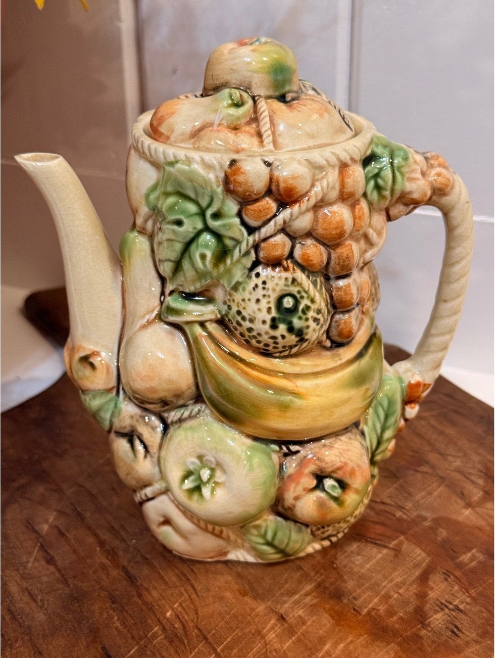 Vintage Tilso Japan Hand-Painted Ceramic Fruit Relief Teapot Mid-Century Modern